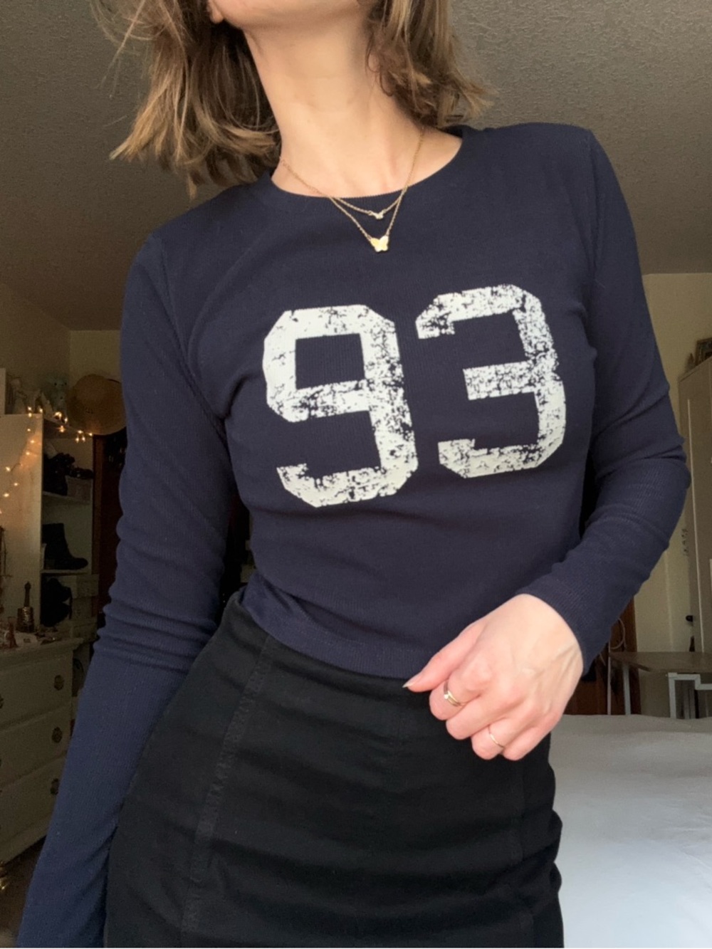 cider navy blue 93 graphic crewneck ribbed long sleeve crop top